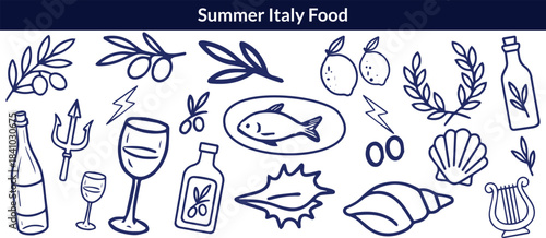 Summer Italy food print, hand drawn travel Mediterranean icon set Italian vintage vacation emblem. Traditional cuisine elements, Amalfi lemon silhouette wine glass bottle. Italy summer coastal big set