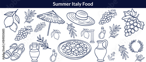 Summer Italy food print, hand drawn travel Mediterranean icon set Italian vintage vacation emblem. Traditional cuisine elements, Amalfi lemon silhouette wine glass bottle. Italy summer coastal big set