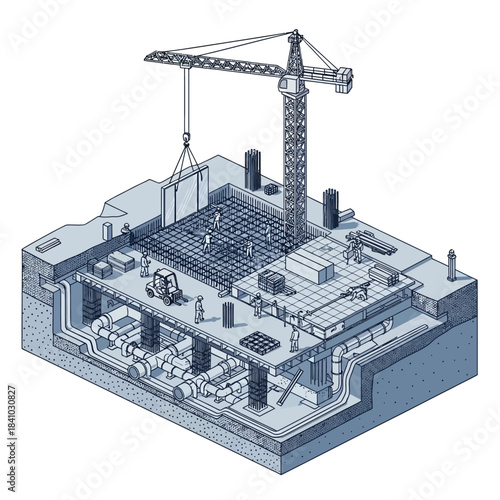 Detailed isometric illustration of a multi-level building construction site with a crane, foundation, and internal structures.