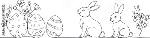 Black and white cartoon bunny with cute long ears illustration on a background of grass and flowers for a funny spring design