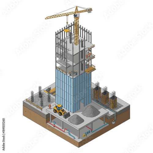Isometric illustration of a multi-story building construction site with a crane, bulldozer, and visible underground infrastructure.