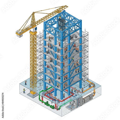 Detailed isometric illustration of a multi-story building under construction with a crane and visible underground infrastructure.