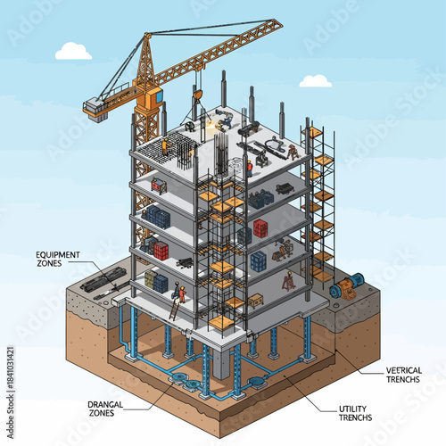 Detailed isometric illustration of a multi-story building under construction with a crane, showing internal structure, scaffolding, and underground utility trenches.
