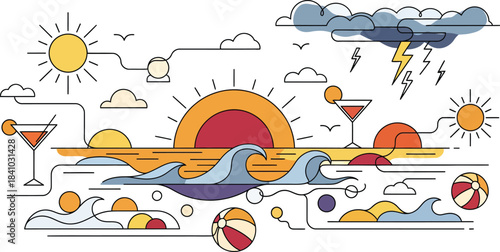 Summer holiday transportation vector illustration showing a cartoon car driving on a road toward the beach under a sunny sky