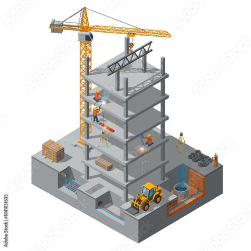 Isometric view of a multi-story building under construction with workers, crane, and foundation work, illustrating various stages of the building process.