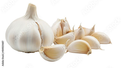 Fresh whole garlic bulb and cloves isolated on white background, ready for cooking