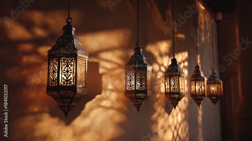 Row of hanging lanterns against a textured wall warm glow highlighting intricate cutouts shadows sharp and directional clean