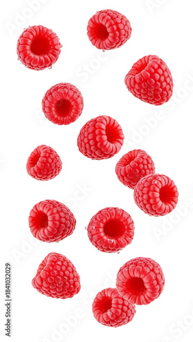 Fresh, juicy raspberries falling against a clean white background, showcasing vibrant red color and natural texture.