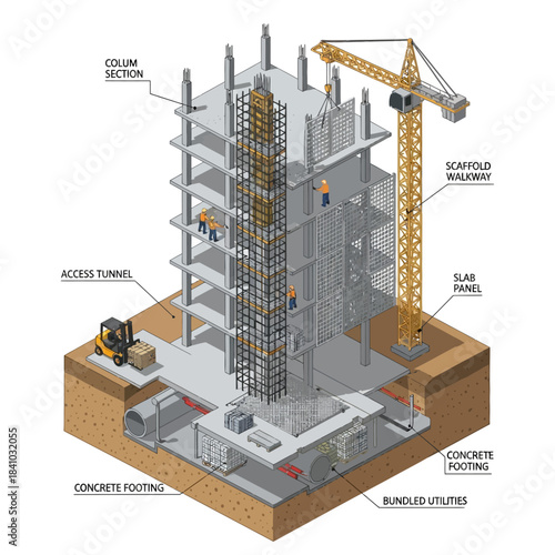 Detailed isometric view of a multi-story building under construction with labeled components.