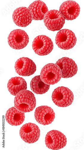 Fresh, ripe raspberries falling against a clean white background, creating a vibrant and healthy food concept.