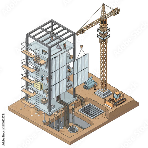 Isometric illustration of a multi-story building under construction with a crane, workers, and foundation work.