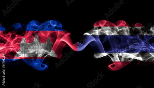 The Thailand and Cambodia flags are shown blowing violently in directly opposite directions, visually representing a fundamental disagreement, opposing interests, or a sharp political divide