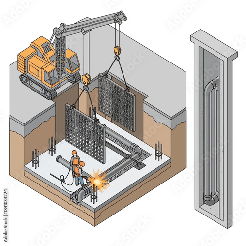Illustration of underground pipe installation at a construction site with a crane lowering panels and a worker welding pipes.