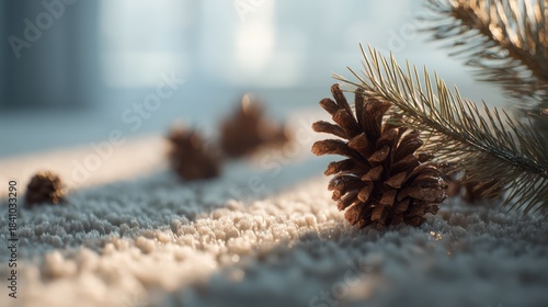 Toppled Christmas tree branch on plush carpet scattered pinecones catching soft sunlight clean minimal background highlighting leftover celebration