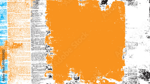 Distressed grunge background with torn paper texture and abstract text elements in orange blue and black