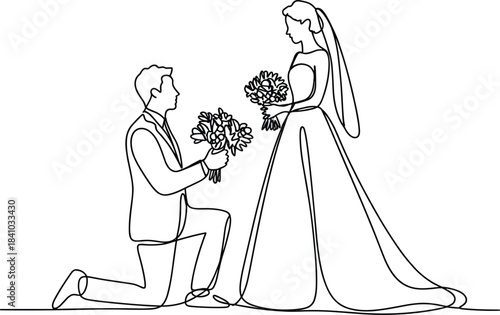 Man kneeling proposing to woman in wedding dress with flowers