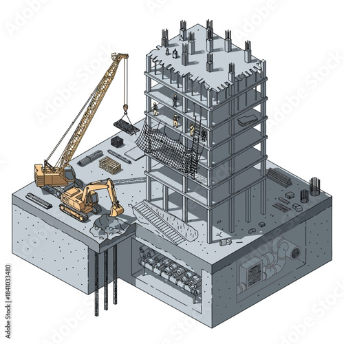Isometric illustration of a multi-story building construction site showing various stages and equipment.