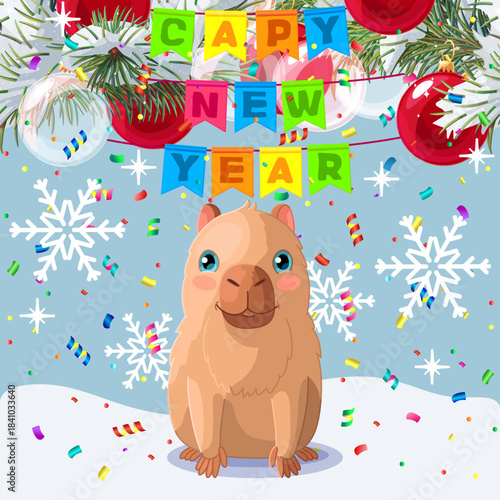 vector capybara animal. Cartoon happy (capy) new year party clip art. Hand drown design card. 