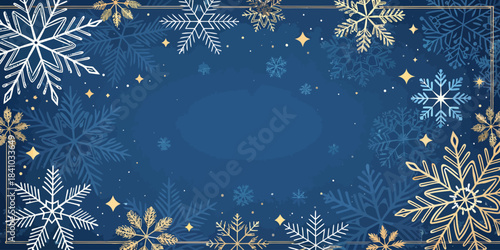 A dark blue winter background with radial snowflake bursts near the bottom, soft glow effects, icy details, and a clean festive holiday feel.