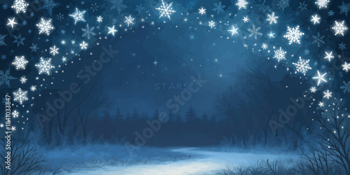 A dark cosmic blue background with glowing white highlights, soft light particles, subtle sparkle effects, and a calm, magical winter holiday mood.