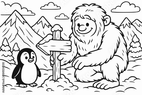 Children's coloring book — Yeti and penguin pointing to snowy mountain landscape with sign  
