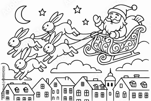 Children's coloring book — Santa Claus riding sleigh pulled by rabbits against night sky  