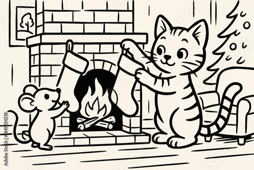 Children's coloring book — A cat and a mouse weigh Christmas stockings by the fireplace
