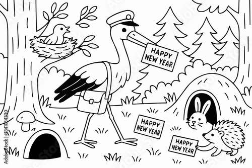 Children's coloring book — Stork delivering Happy New Year messages to animals in the forest  