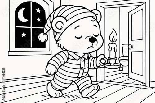 Children's coloring book — Sleepy cartoon teddy bear in pajamas walks at night with a candle