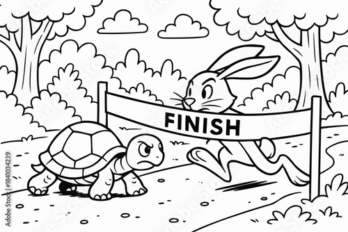 Children's coloring book — A disgruntled turtle watches the rabbit finish