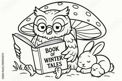 Children's coloring book - An owl reads fairy tales, and a rabbit and a chicken sleep under a mushroom cap