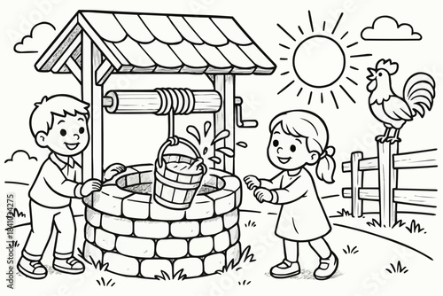 Children's coloring book - Children playing by water well with sun and rooster in background  