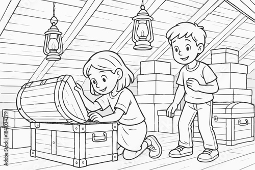 Coloring book — Children exploring treasure chest in attic with wooden boxes 