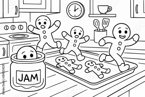 Children's coloring book - Gingerbread men run off a baking tray in the kitchen with a jar of jam on the table 