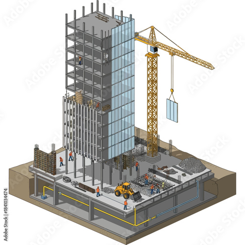 Detailed isometric illustration of a multi-story building construction site with crane and workers.