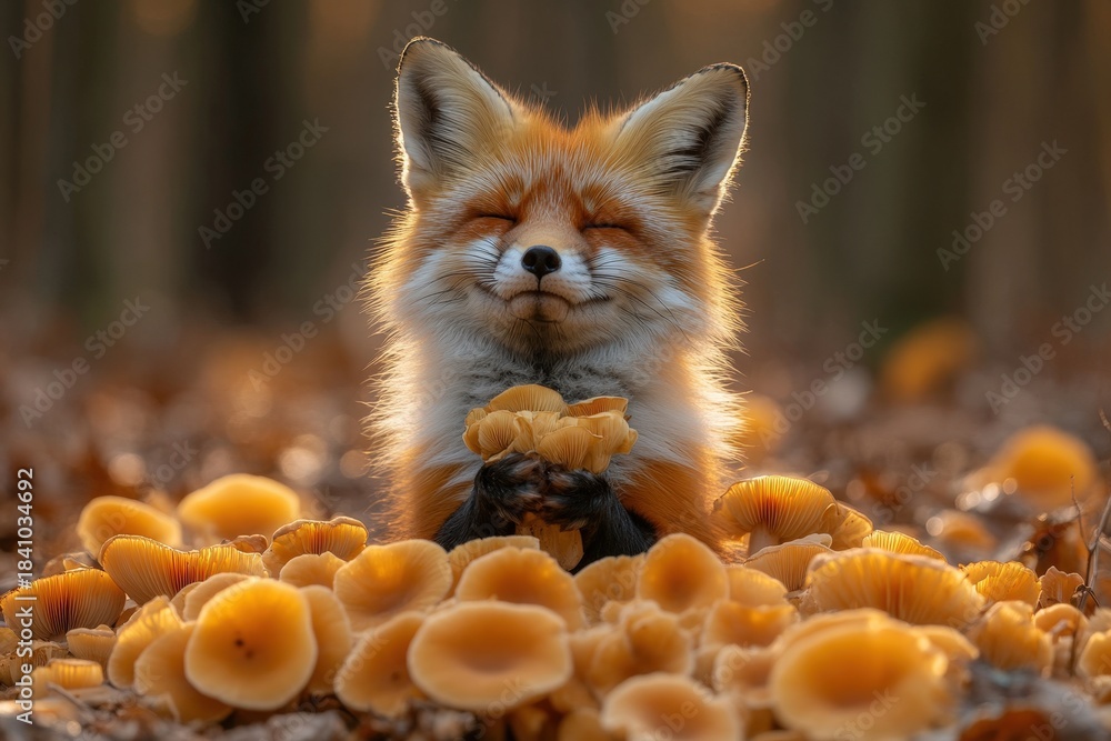 Obraz premium A majestic fox rests amongst a vibrant collection of mushrooms, bathed in the warm glow of autumn lighting. The scene evokes a sense of tranquility and the beauty of nature.