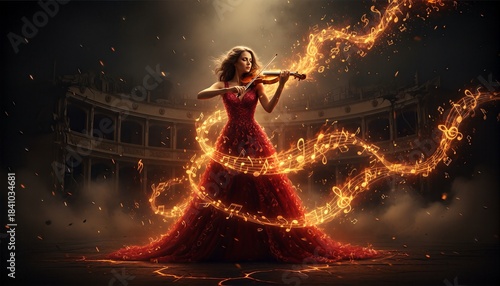 Beautiful woman in a stunning red gown playing the violin with magical fiery musical notes swirling around her on a dark, dramatic stage in a concert hall