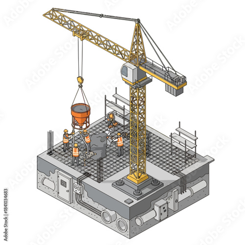 Isometric illustration of a construction site with a tower crane pouring concrete and workers building a foundation.