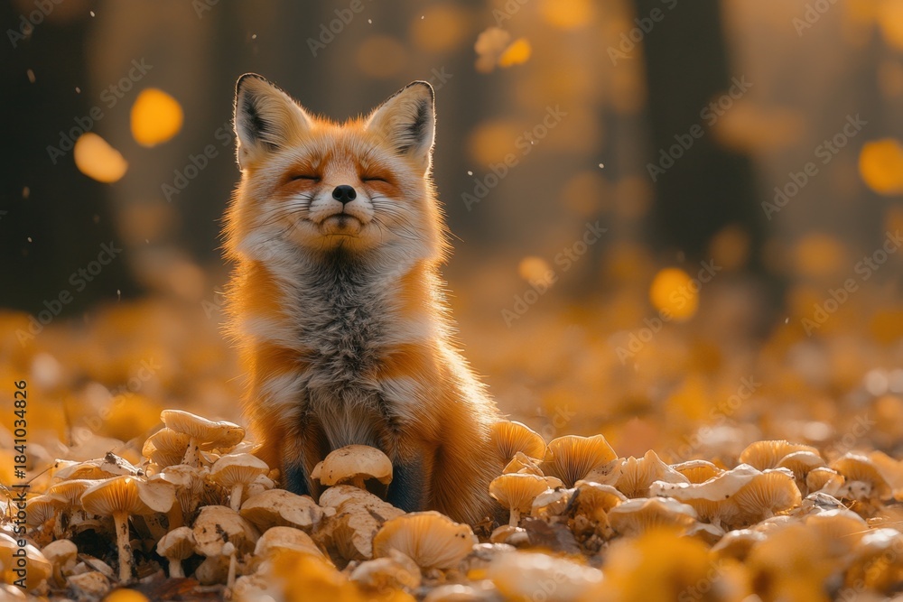 Obraz premium A serene red fox rests in a field of colorful mushrooms, eyes closed in a moment of peaceful contemplation. Soft focus, natural light, wildlife photography.