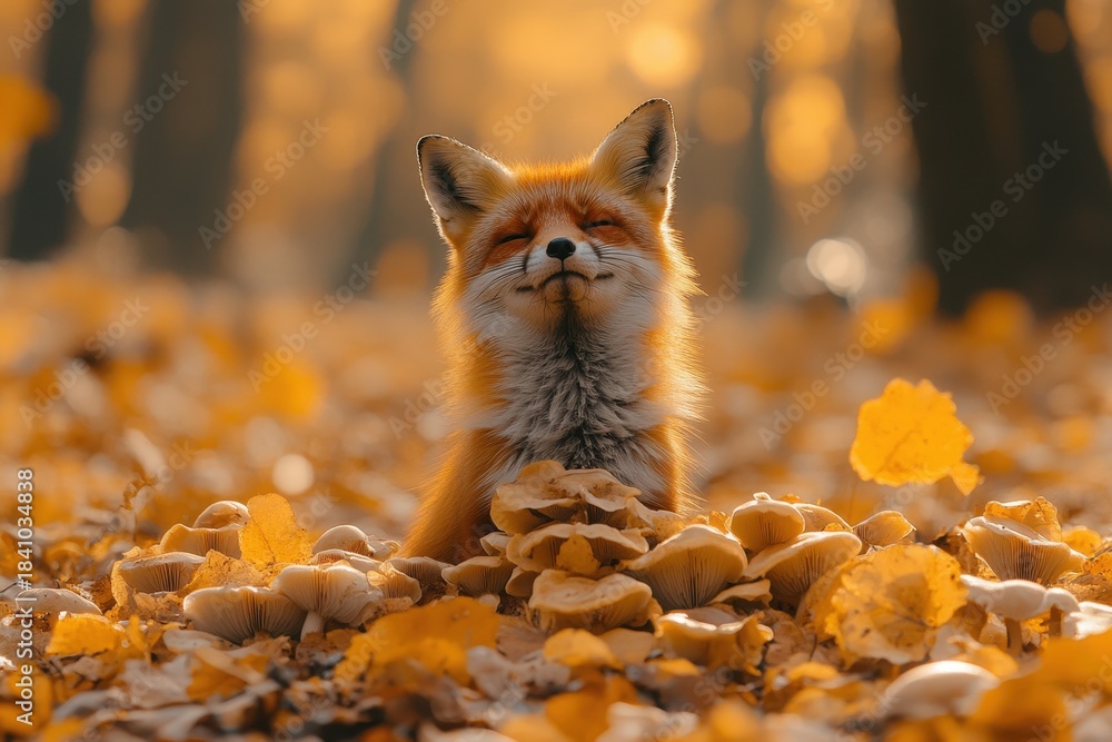 Obraz premium A beautiful red fox rests peacefully amongst fallen autumn leaves, eyes closed in a moment of tranquility and relaxation. Warm colors and a serene mood.