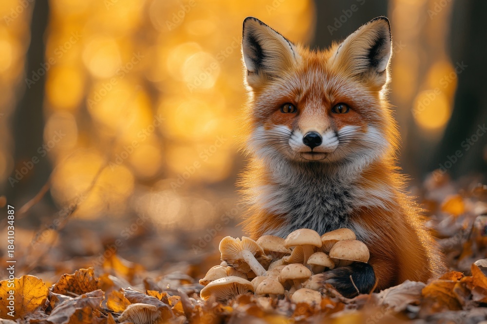 Obraz premium A captivating portrait of a red fox, positioned amidst a vibrant autumn foliage setting. The fox's gaze is directly at the viewer, creating an intimate and engaging connection.
