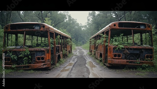 Two old rusty abandoned buses with broken windows are overgrown with green plants, left to decay on a muddy dirt road in a dark, mysterious and atmospheric forest