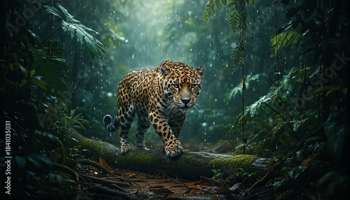 Powerful spotted jaguar with intense eyes walks on a mossy log during a downpour in a lush, atmospheric and moody green tropical rainforest