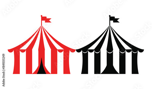 A striking visual depiction showcases two circus tents one vividly red and white striped and the other black and white both elegantly topped with fluttering