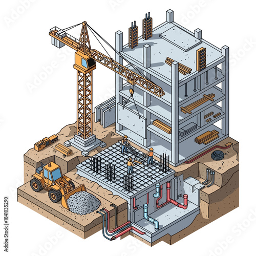 Isometric cross-section illustration of a multi-story building under construction, showing foundation, rebar, concrete structure, crane, and excavation work.