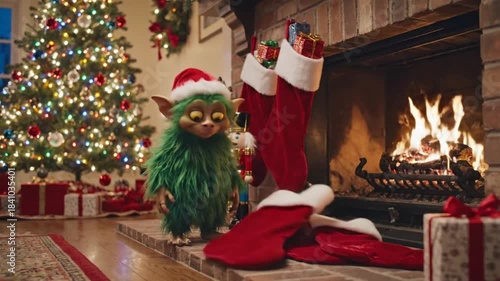 Festive green creature in Santa hat joyfully hangs stockings by a cozy fireplace with Christmas tree