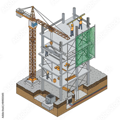 Isometric illustration of a multi-story building under construction with a tower crane, workers, scaffolding, and visible foundation.