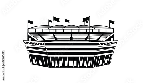a detailed black and white sketch depicts a large stadium structure with multiple tiers of seating topped with fluttering flags showcasing architectural design high quality