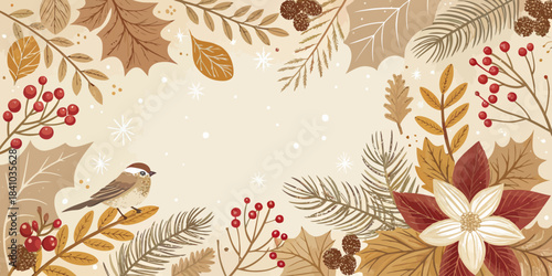 Christmas Cozy warm-tone Christmas vector illustration featuring soft falling snow, twinkling lights, and subtle festive elements on a creamy background for a welcoming holiday feel.