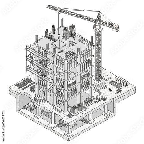 Detailed isometric illustration of a multi-story building under construction with a crane and scaffolding.
